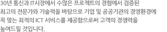 30년 통신과 IT시장에서 수많은 프로젝트의 경험에서 검증된 최고의 전문가와 기술력을 바탕으로 기업 및 공공기관의 경영환경에 꼭 맞는 최적의 ICT 서비스를 제공함으로써 고객의 경쟁력을 높여드릴 것입니다.